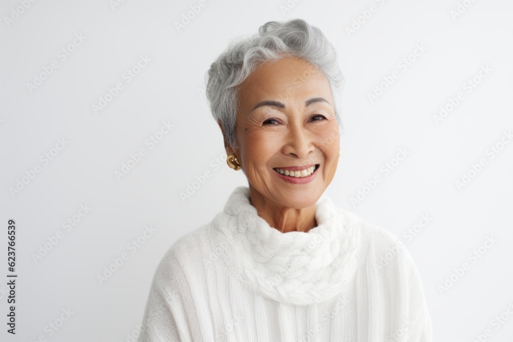Portrait of a smiling senior asian woman wearing a white sweater Portrait of a smiling senior asian woman wearing a white sweater