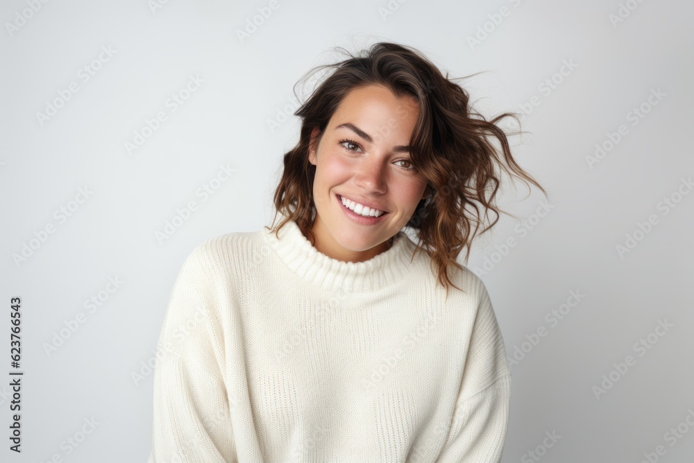 Portrait of a smiling young woman in white sweater on white background Portrait of a smiling young woman in white sweater on white background