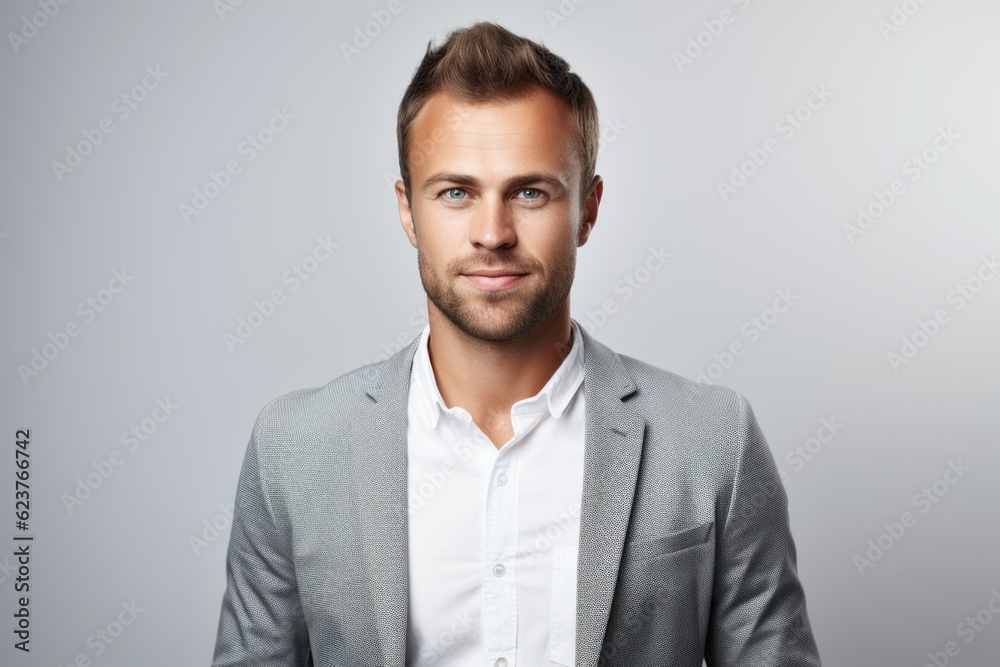 Portrait of a handsome young man in grey suit looking at camera Portrait of a handsome young man in grey suit looking at camera