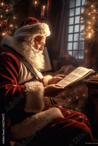 Santa Claus reads letters from children at night. merry christmas and new year generative ai, generative, ai