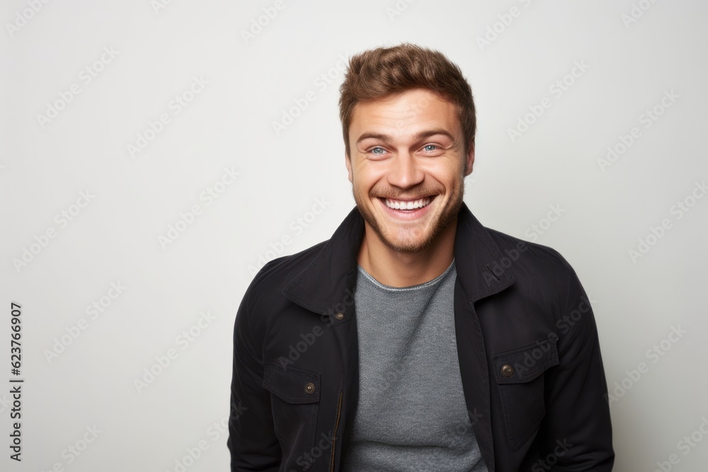 Portrait of a handsome young man laughing against a white background. Portrait of a handsome young man laughing against a white background.
