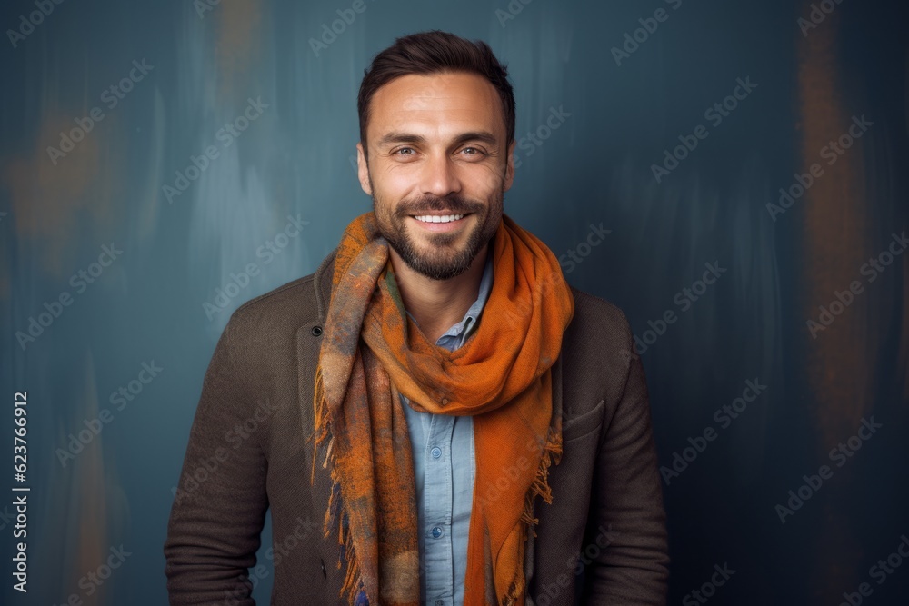 Obraz premium Portrait photography of a pleased Russian man in his 30s wearing a charming scarf against an abstract background 