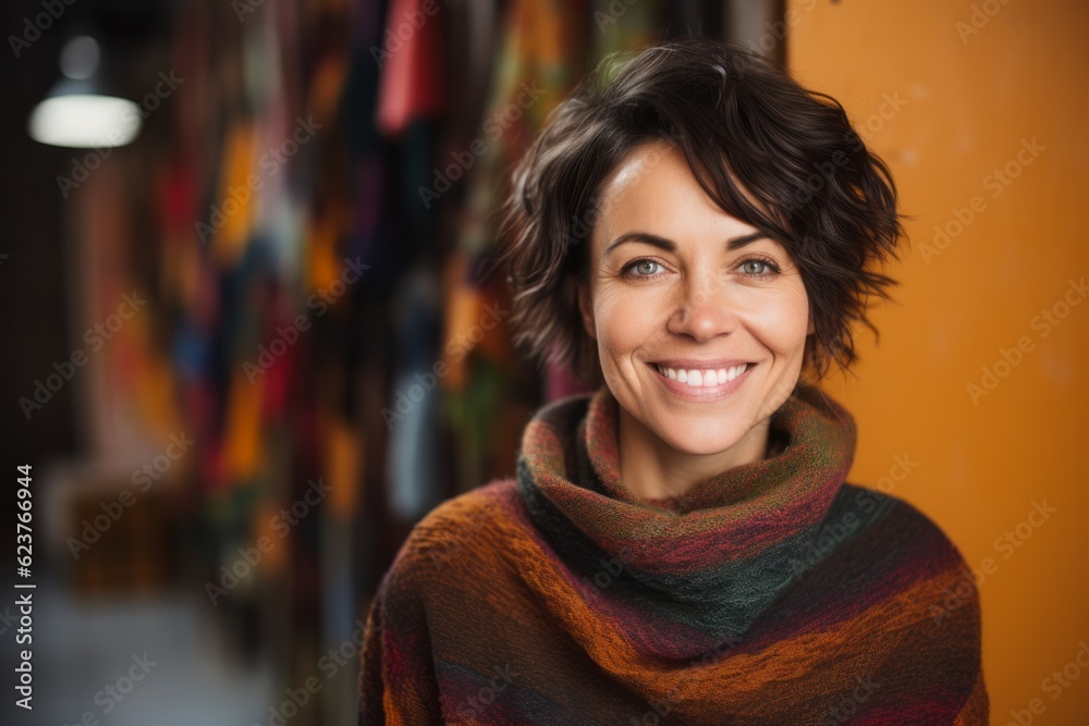 Portrait of smiling woman with scarf in the shop at the mall Portrait of smiling woman with scarf in the shop at the mall