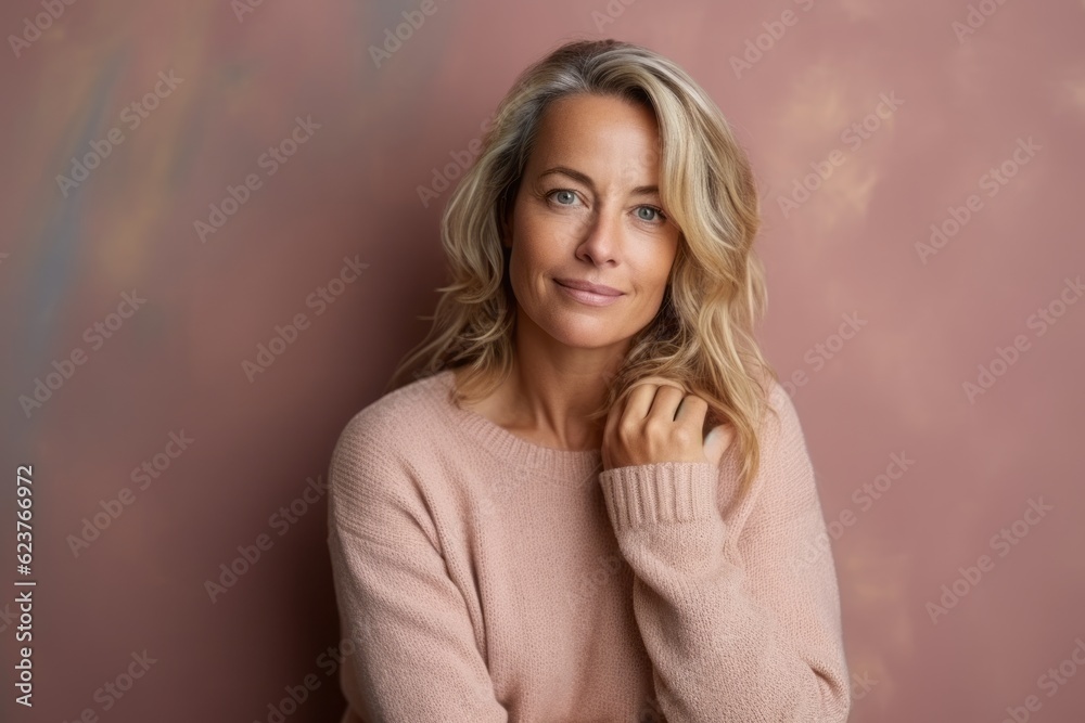 Portrait of a beautiful blonde woman in a pink sweater on a pink background