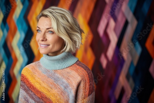 Portrait of smiling woman in sweater against colourful wall in room at home