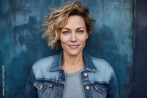 Portrait of a beautiful blonde woman in a denim jacket on a blue background