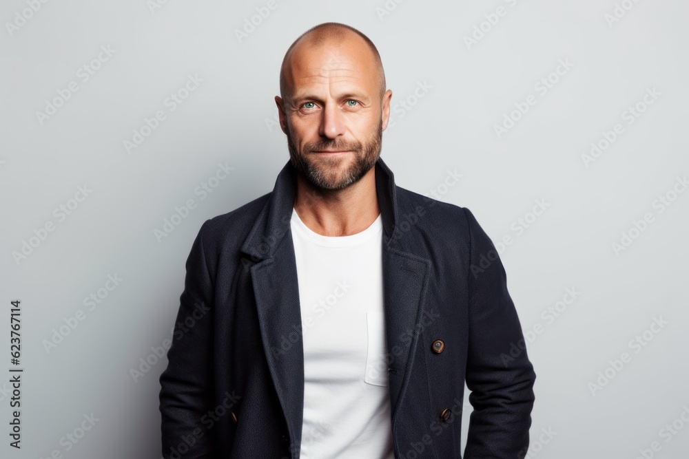 Portrait of a handsome bald man in a jacket on a gray background Portrait of a handsome bald man in a jacket on a gray background