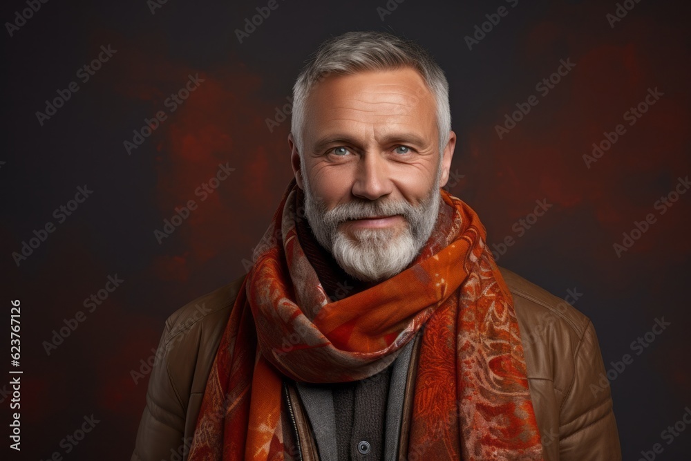 Portrait of a smiling senior man with a gray beard and a red scarf.