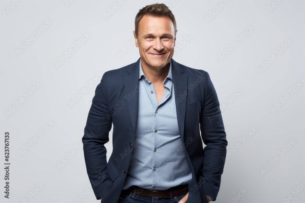 Portrait of a happy mature businessman standing with hands in pockets over gray background Portrait of a happy mature businessman standing with hands in pockets over gray background