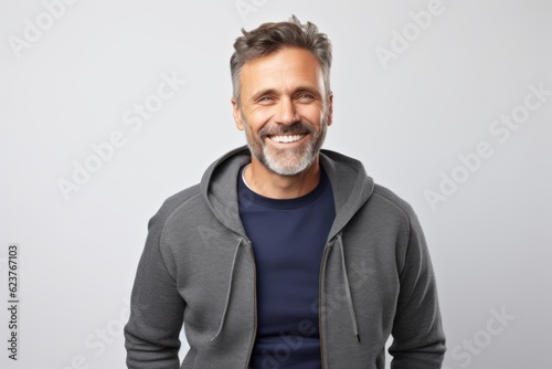 Handsome middle-aged man with grey hair smiling at camera