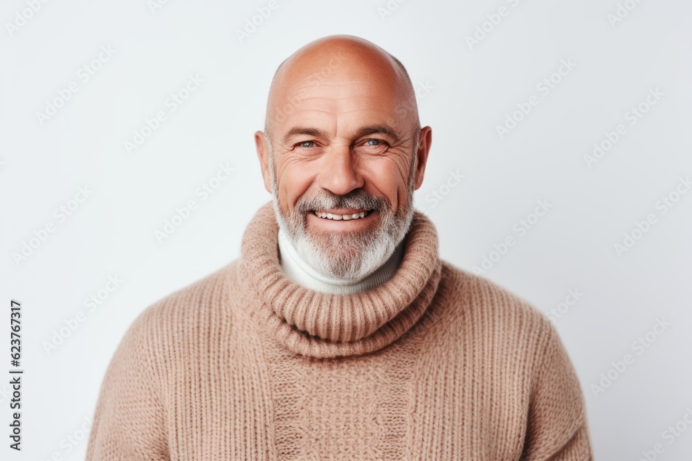 Portrait of a smiling senior man in sweater and scarf isolated on a white background Portrait of a smiling senior man in sweater and scarf isolated on a white background