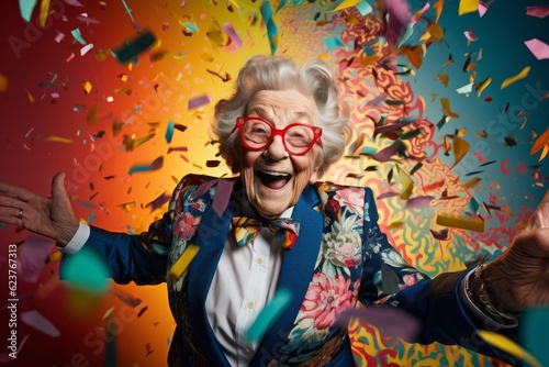 Cheerful senior woman in eyeglasses dancing at party with confetti