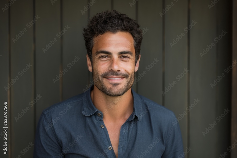 Portrait of handsome man smiling at camera in front of wooden wall Portrait of handsome man smiling at camera in front of wooden wall