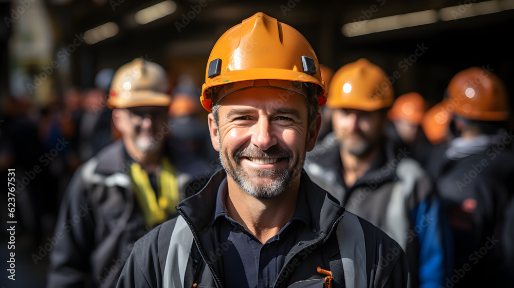 Engineer at construction site wearing safety helmet Confident engineer looking at camera with team behind