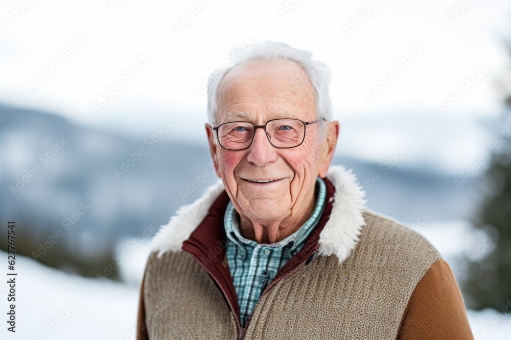 Portrait of senior man with eyeglasses on winter background.
