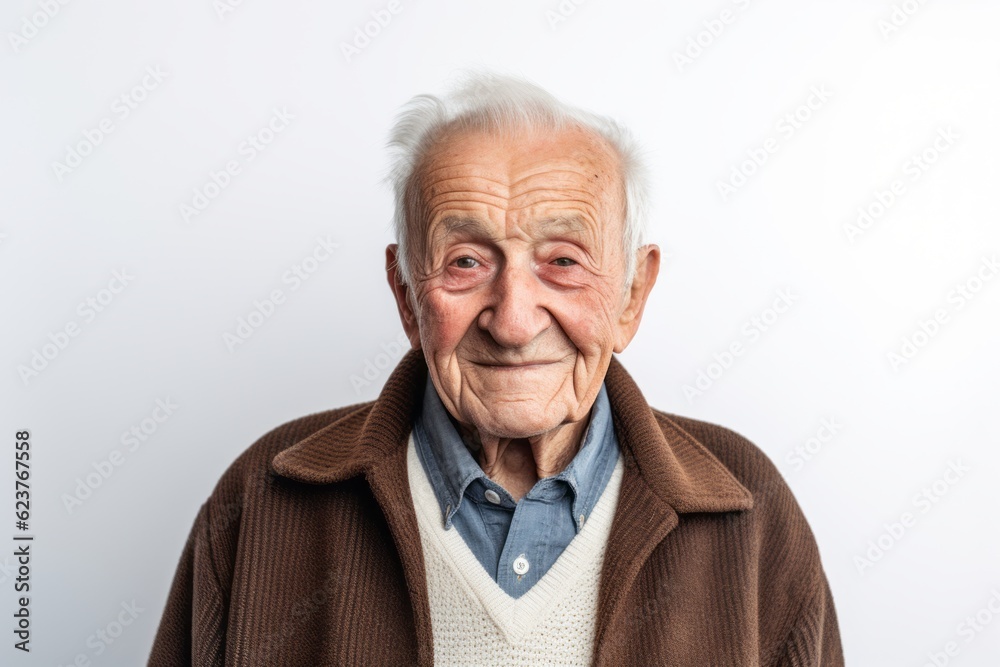 Elderly man with white hair and brown coat on white background Elderly man with white hair and brown coat on white background