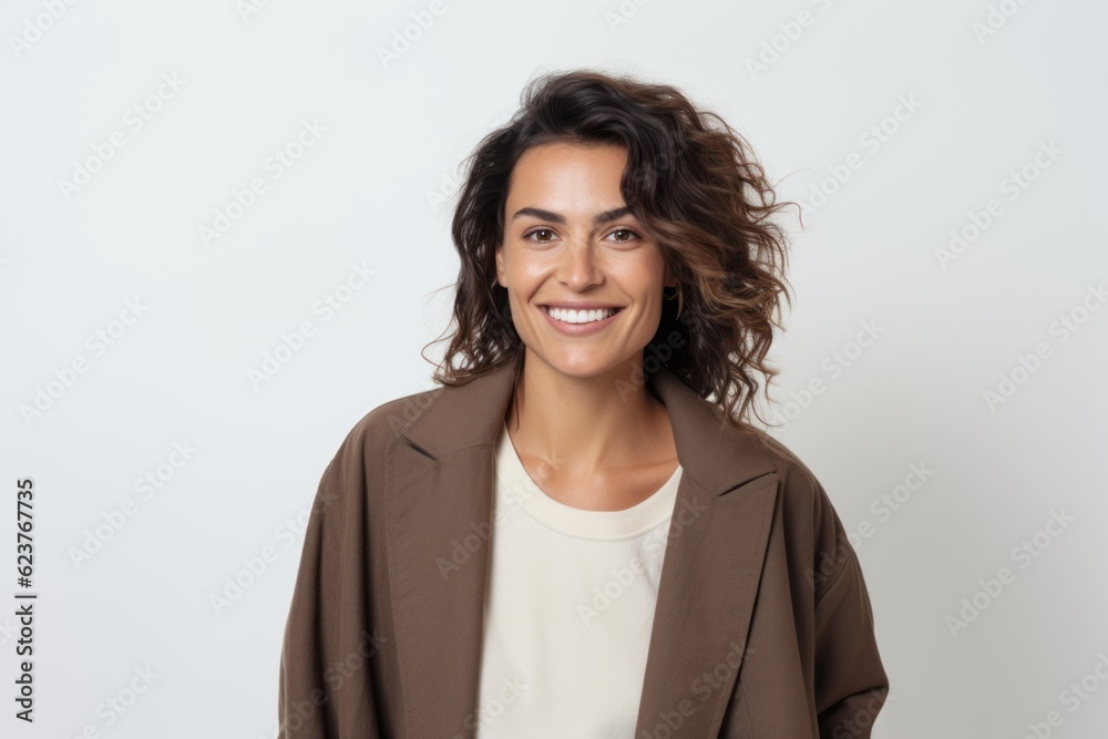 Portrait of beautiful woman with curly hair smiling at camera over white background Portrait of beautiful woman with curly hair smiling at camera over white background