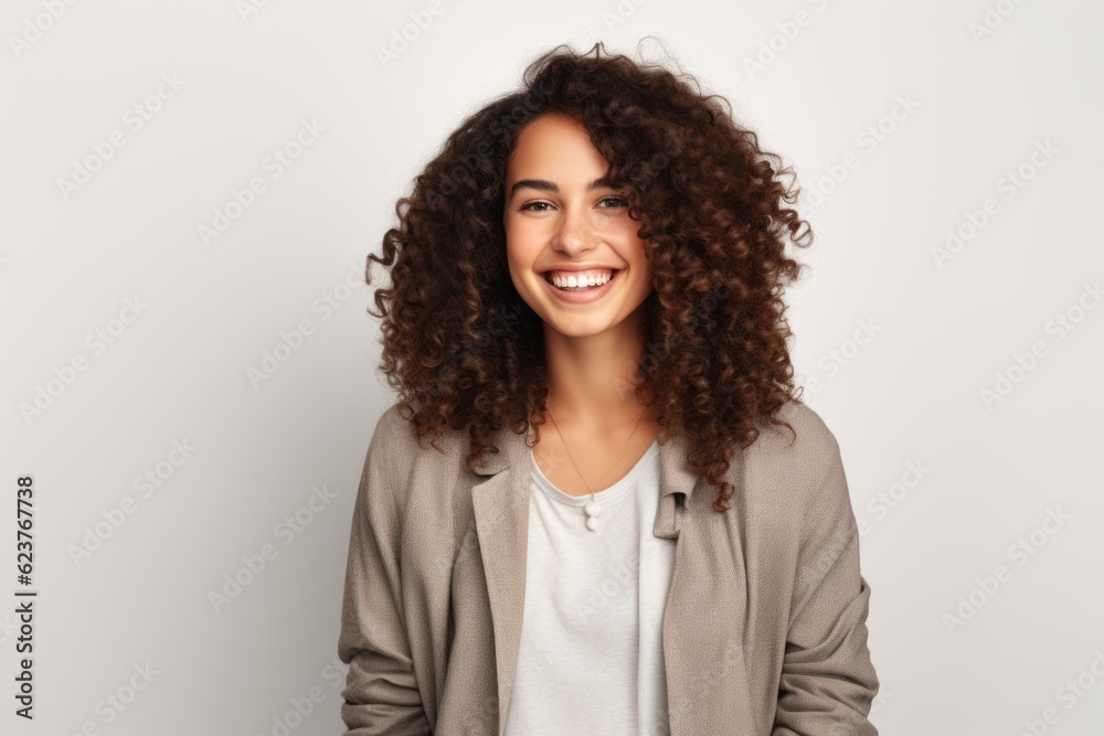Portrait of a beautiful young woman with curly hair smiling at camera Portrait of a beautiful young woman with curly hair smiling at camera