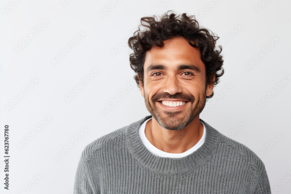 Close up portrait of a handsome young man smiling and looking at camera over white background Close up portrait of a handsome young man smiling and looking at camera over white background