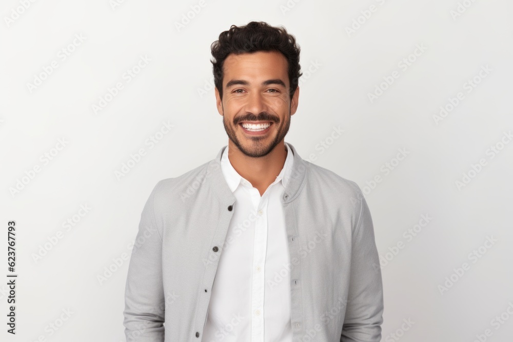 Portrait of a handsome young man smiling at camera while standing against white background Portrait of a handsome young man smiling at camera while standing against white background