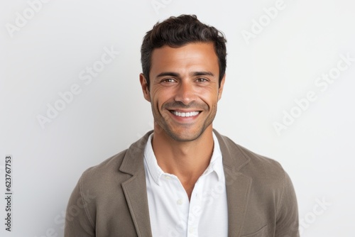 Portrait of handsome young man smiling and looking at camera against white background