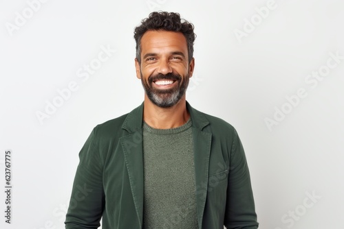 Portrait photography of a pleased Brazilian man in his 30s wearing a chic cardigan against a white background 