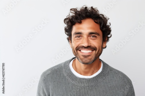Close up portrait of a handsome young man smiling and looking at camera over white background © Robert MEYNER