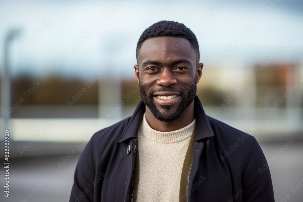 Portrait of handsome african american man smiling at camera in city Portrait of handsome african american man smiling at camera in city