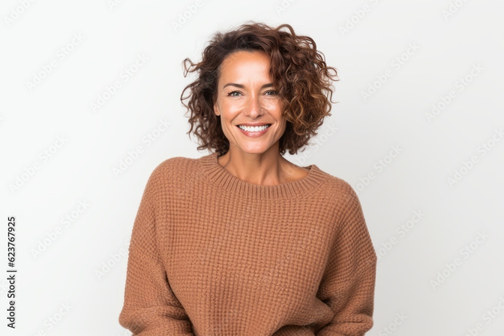 Portrait of a beautiful woman with curly hair smiling at the camera Portrait of a beautiful woman with curly hair smiling at the camera