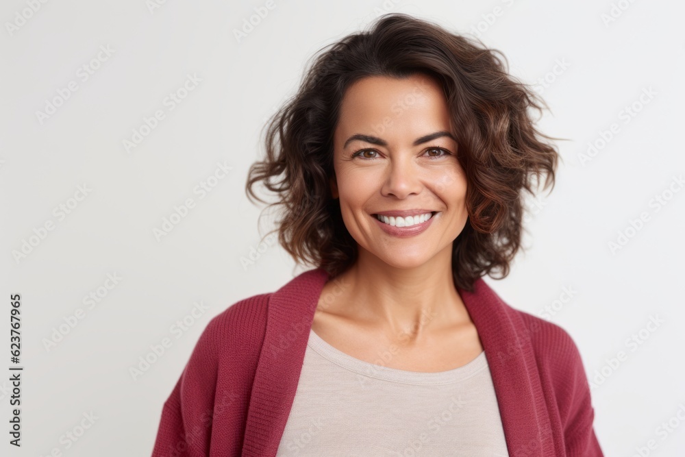 Portrait of a beautiful young woman with curly hair smiling at camera over white background Portrait of a beautiful young woman with curly hair smiling at camera over white background