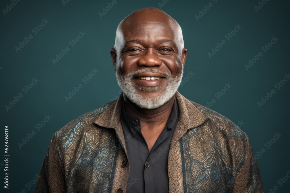 Portrait of a senior African man smiling at the camera on a blue background Portrait of a senior African man smiling at the camera on a blue background