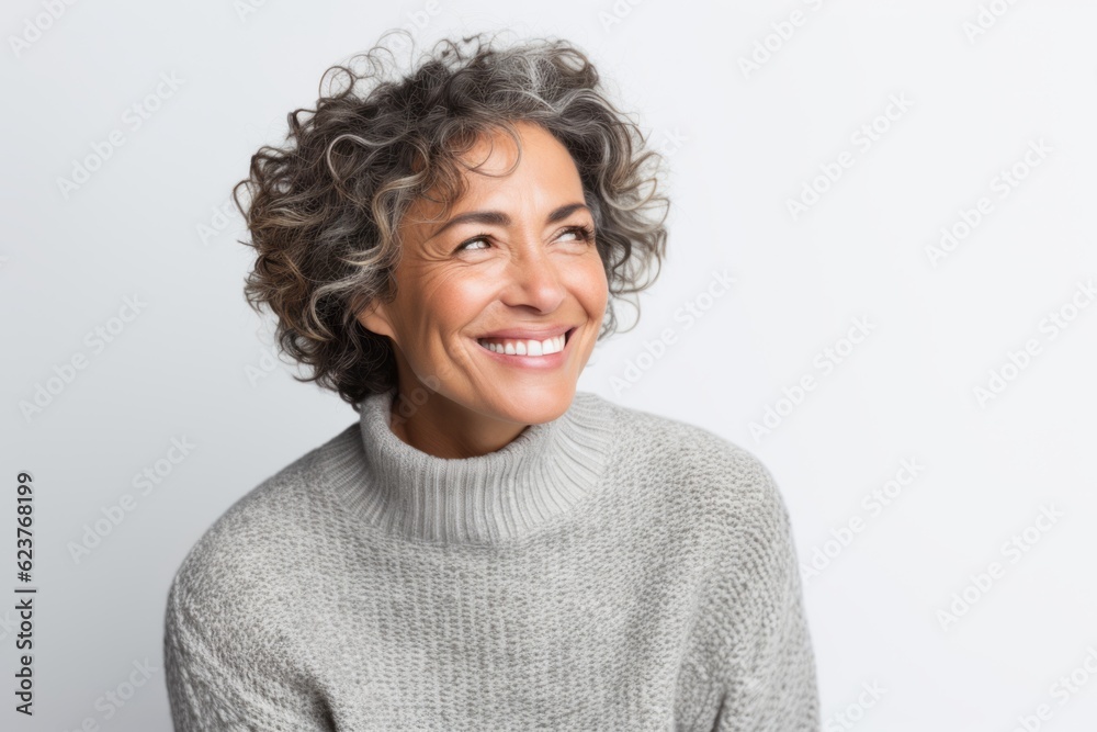 Portrait photography of a happy Brazilian woman in her 50s wearing a cozy sweater against a white background Portrait photography of a happy Brazilian woman in her 50s wearing a cozy sweater against a white background