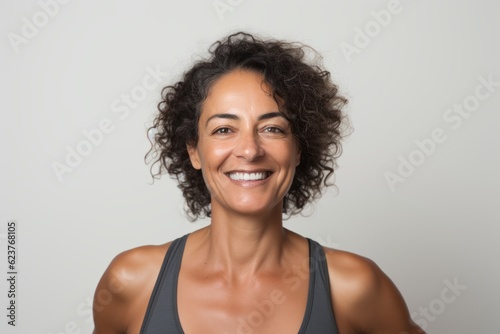 Portrait of a smiling woman with curly hair on a gray background