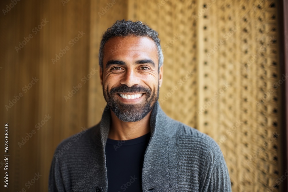 Fototapeta premium Portrait of a smiling man standing in front of a wooden wall