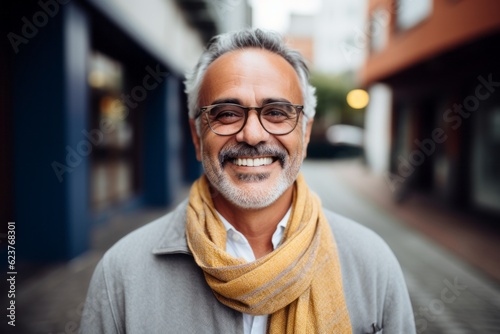 Portrait of smiling mature man in eyeglasses on city street
