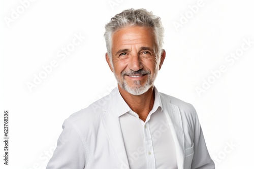 Portrait of senior man with grey hair and beard isolated on white background