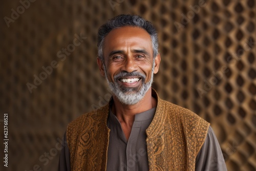 Portrait of happy Indian senior man smiling at camera against wooden background