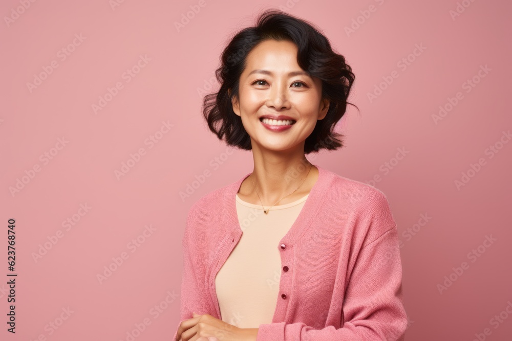 Portrait of a smiling asian woman looking at camera isolated over pink background Portrait of a smiling asian woman looking at camera isolated over pink background