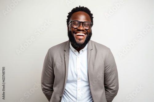 Portrait of a happy african american man laughing over white background