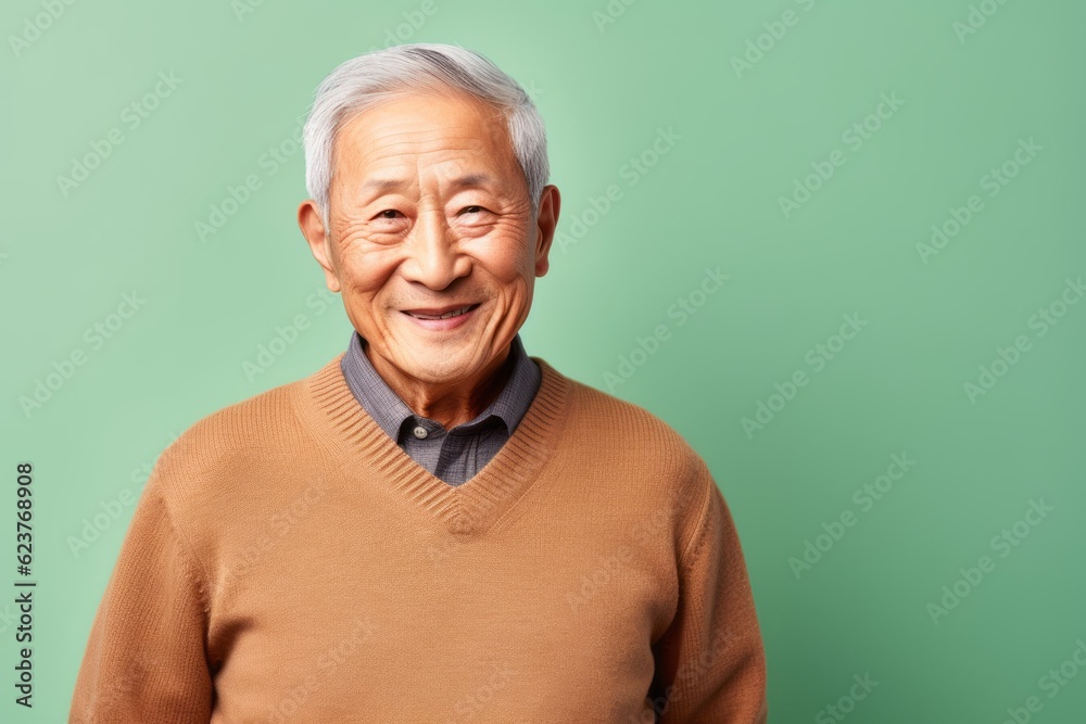 Portrait of happy asian senior man smiling on green background.
