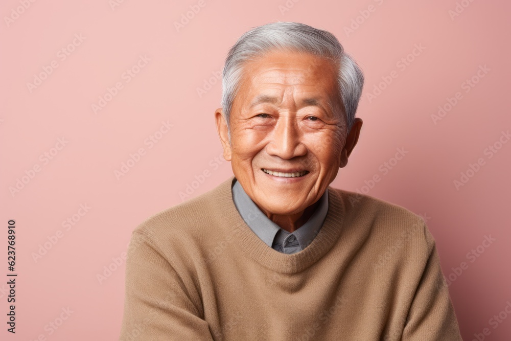 Portrait of a smiling senior asian man on a pink background