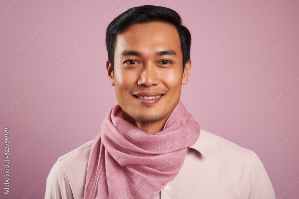 Portrait of a handsome young asian man wearing a pink scarf