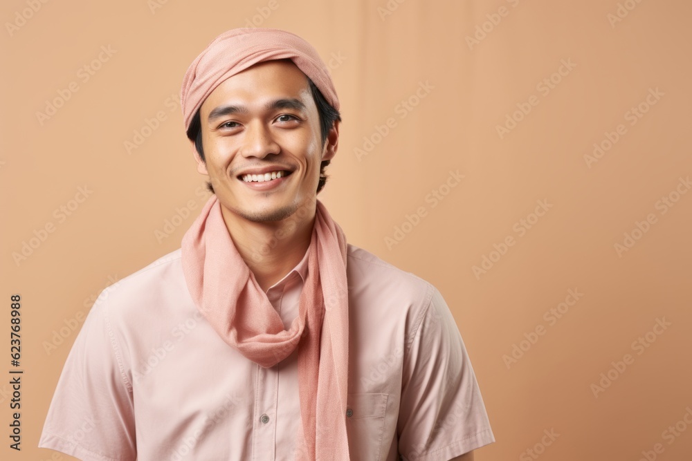 Portrait of a smiling young muslim man wearing headscarf Portrait of a smiling young muslim man wearing headscarf