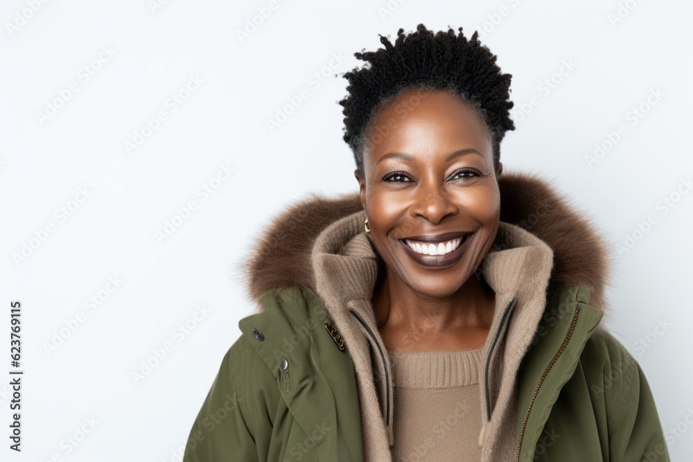 Portrait of a smiling african american woman in winter jacket Portrait of a smiling african american woman in winter jacket