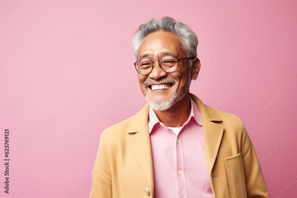 Portrait of a happy senior asian man looking at camera isolated over pink background Portrait of a happy senior asian man looking at camera isolated over pink background
