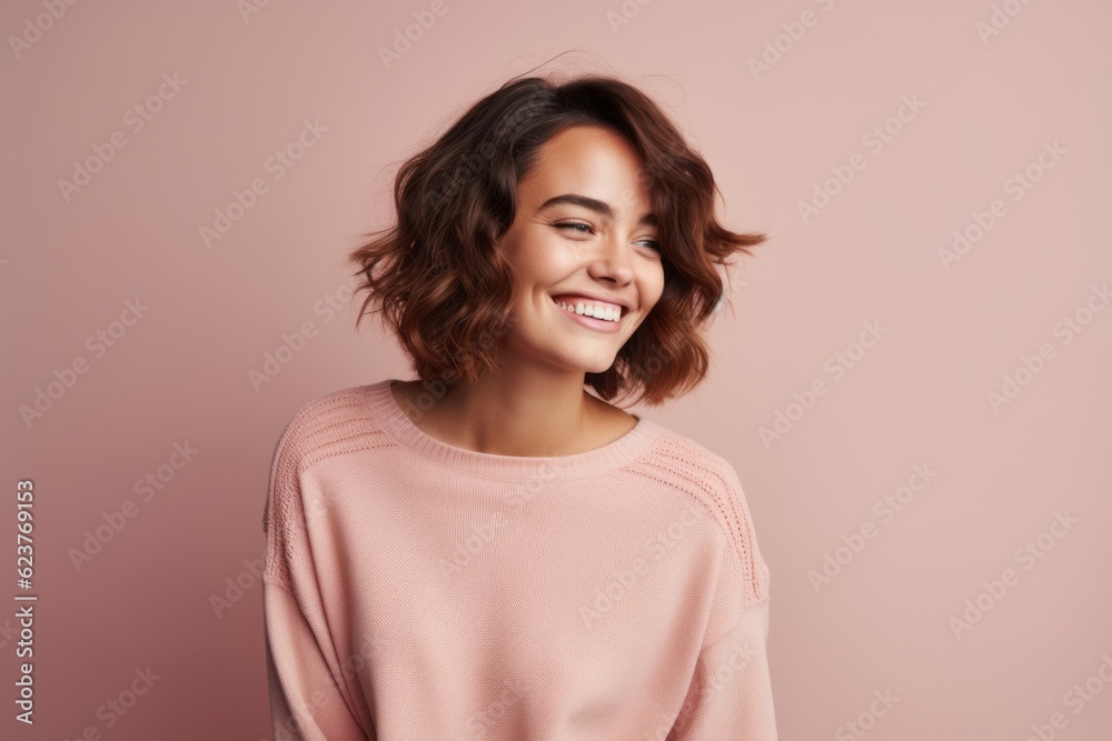 Portrait of a happy young woman smiling at camera isolated over pink background Portrait of a happy young woman smiling at camera isolated over pink background