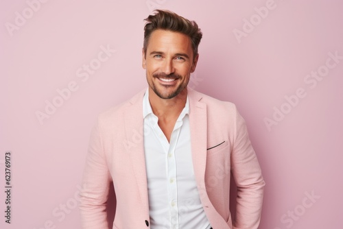 Portrait of a handsome young man in a pink suit smiling at the camera