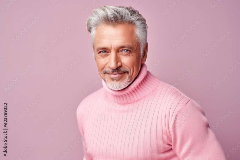 Portrait of handsome senior man in pink sweater looking at camera and smiling Portrait of handsome senior man in pink sweater looking at camera and smiling