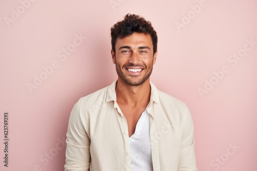 Portrait of a handsome young man smiling and looking at camera against pink background