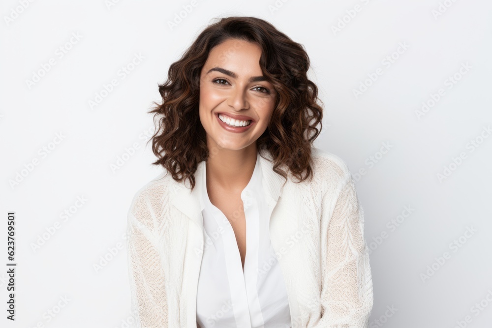 Portrait of a beautiful young woman smiling and looking at camera over white background Portrait of a beautiful young woman smiling and looking at camera over white background